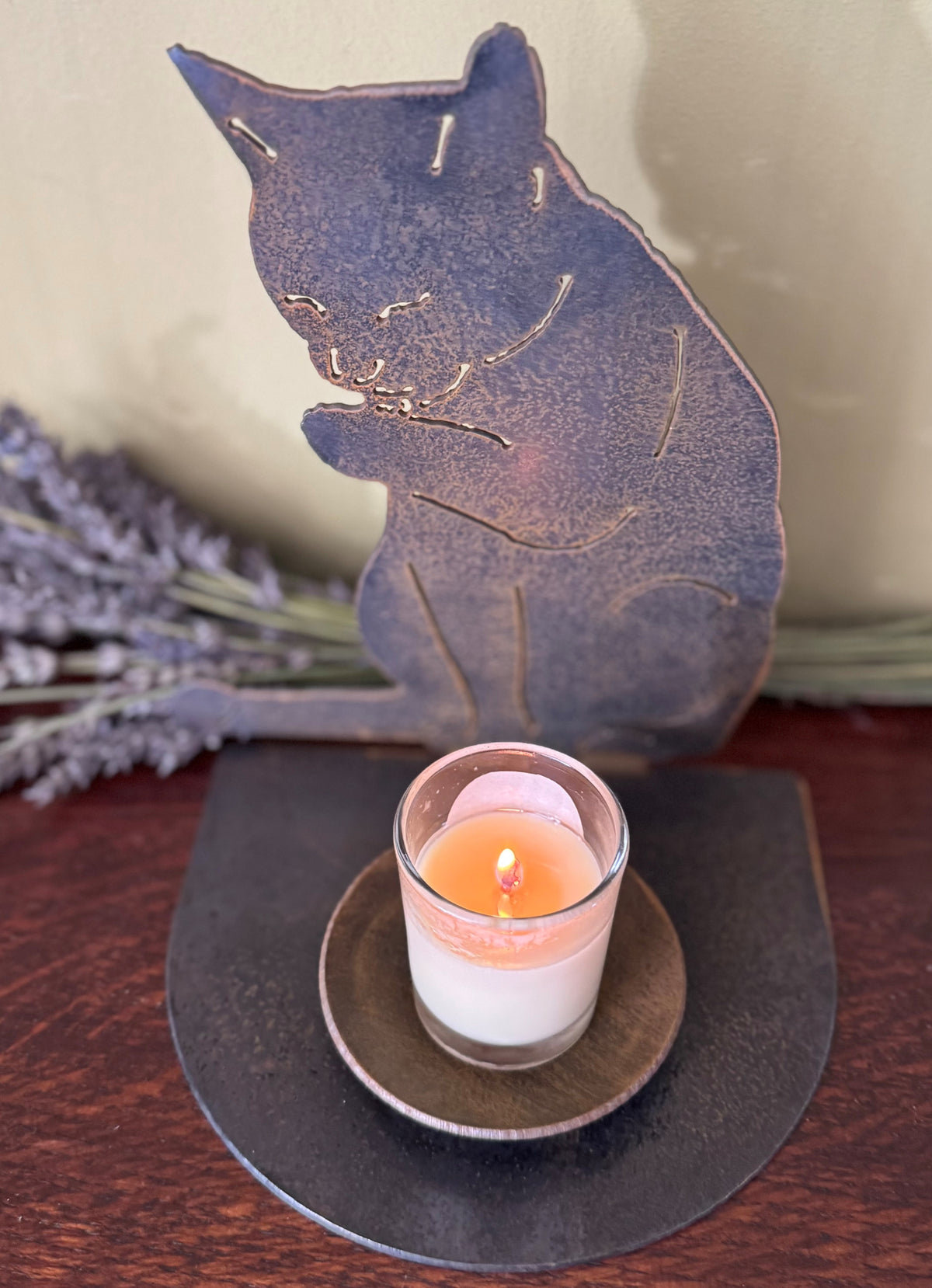 Cat Licking Its Paw Candle Holder