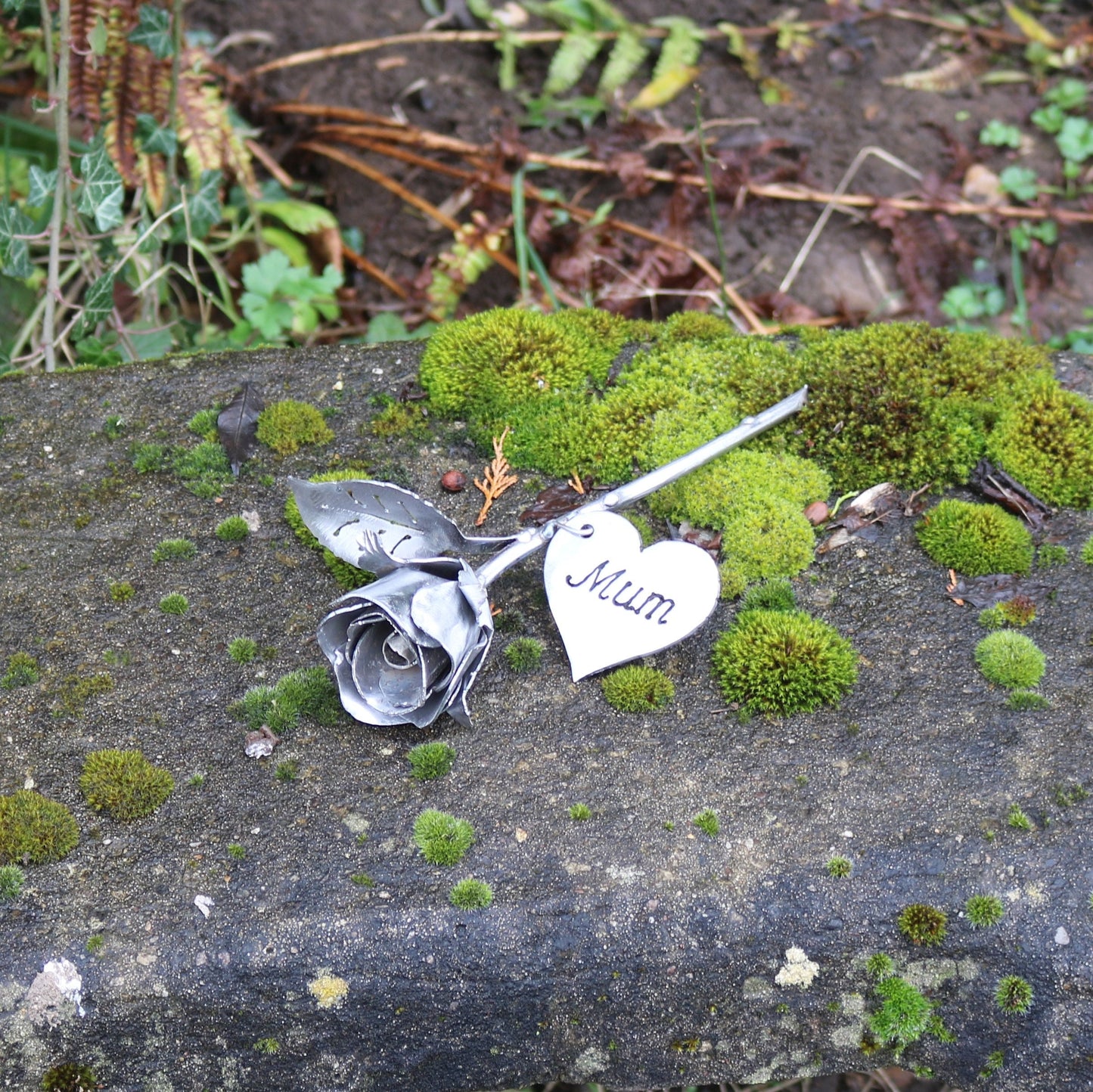 Handmade Raw Steel Rosebud With 'Mum' Tag