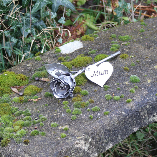 Handmade Raw Steel Rosebud With 'Mum' Tag