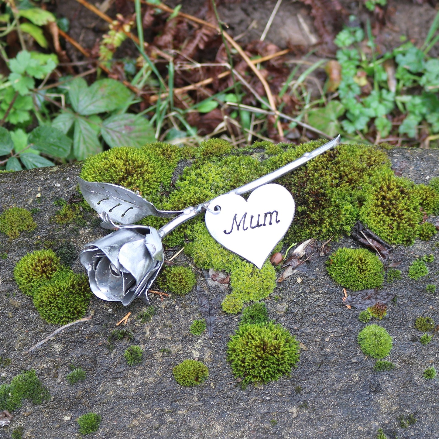 Handmade Raw Steel Rosebud With 'Mum' Tag