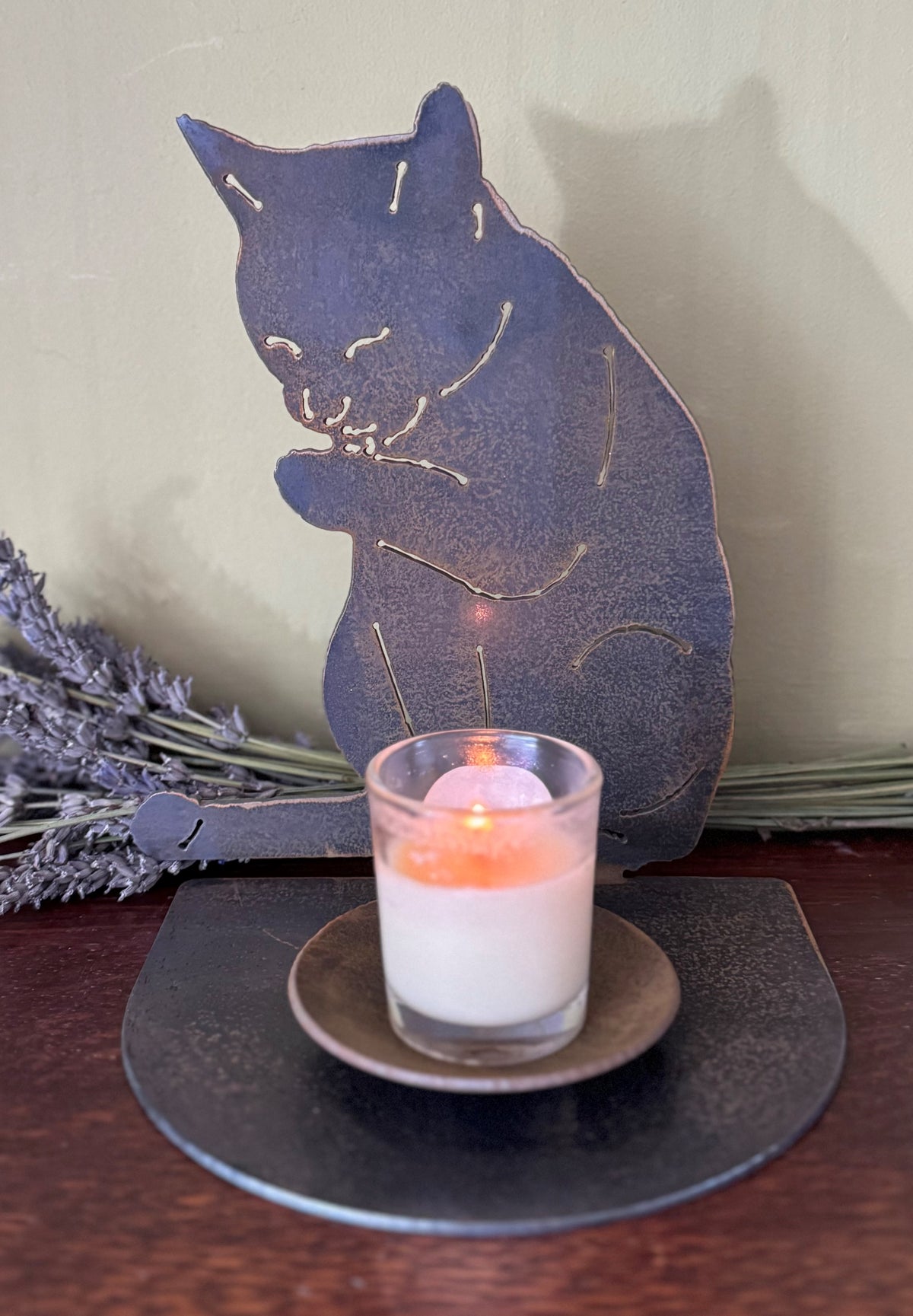 Cat Licking Its Paw Candle Holder