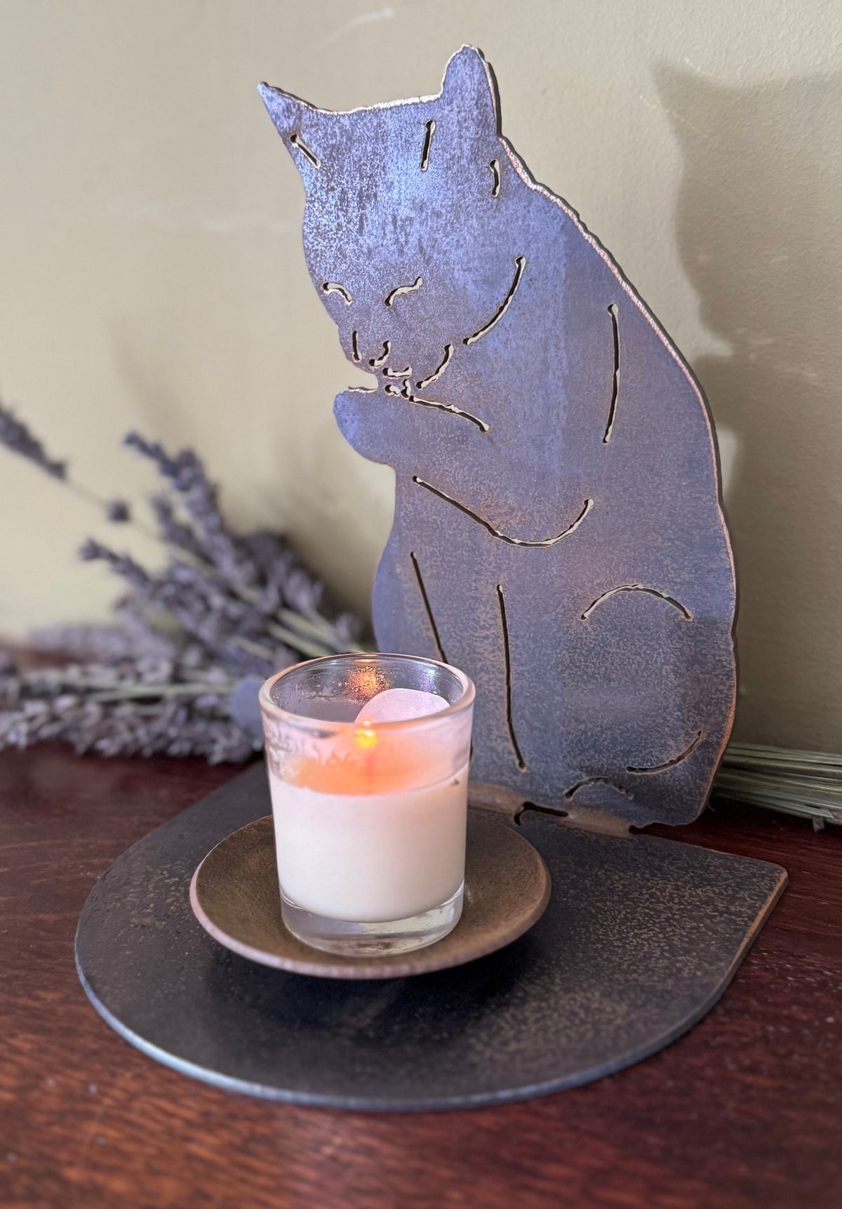 Cat Licking Its Paw Candle Holder