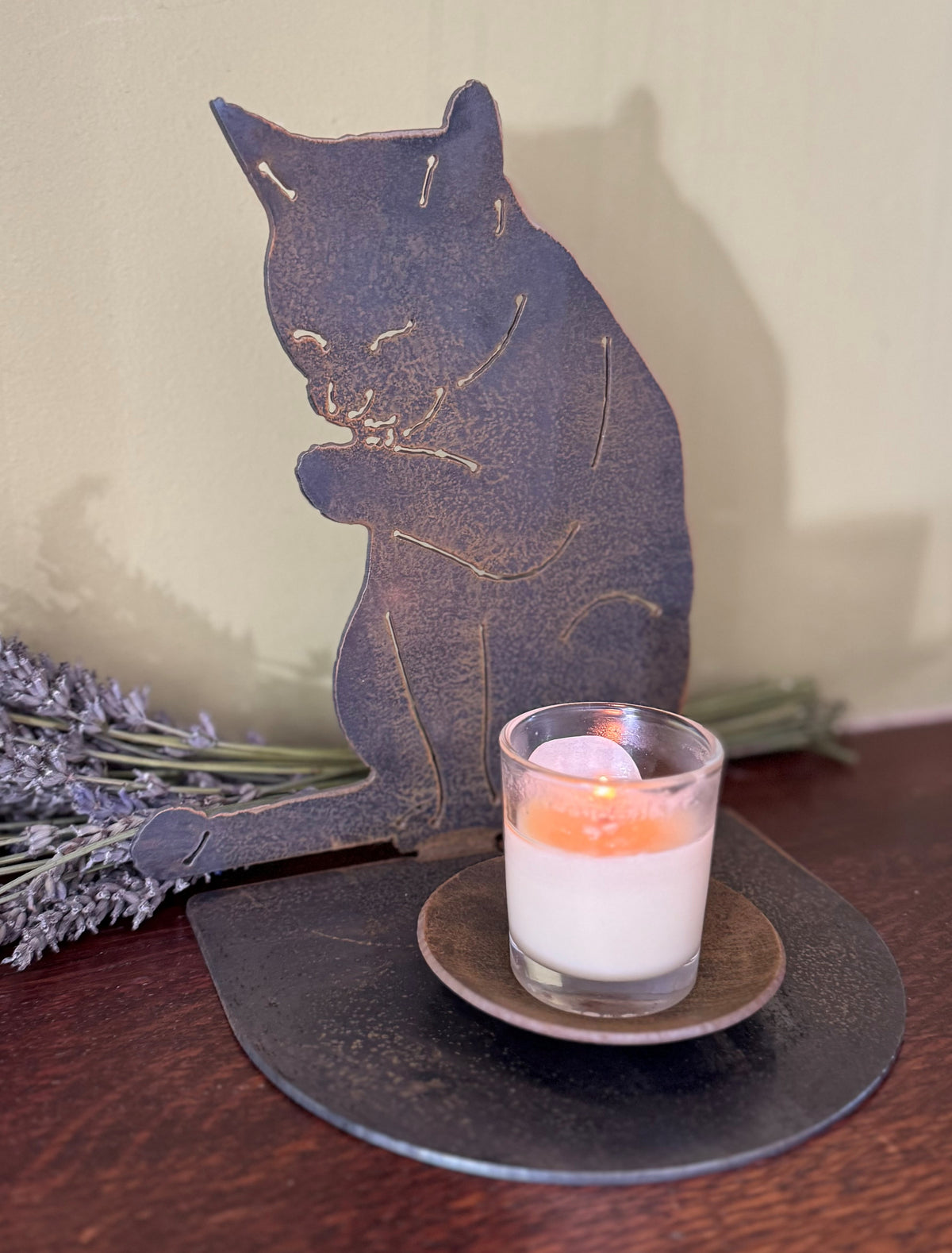 Cat Licking Its Paw Candle Holder