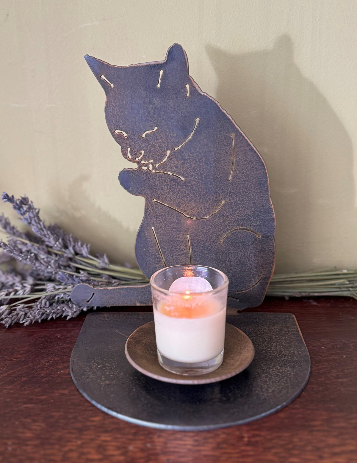 Cat Licking Its Paw Candle Holder